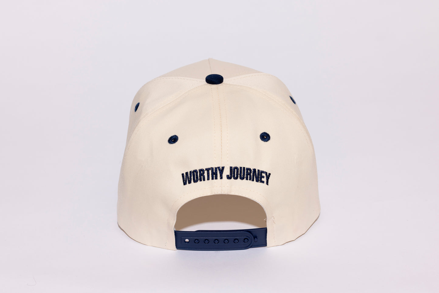 WORTHY JOURNEY CREAM AND NAVY BLUE PLAIN CURVE 5PANEL SNAPBACK HAT