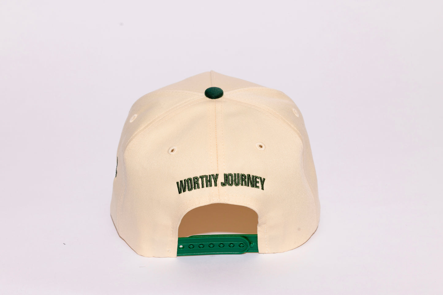 WORTHY JOURNEY CREAM AND DARK GREEN PLAIN CURVE 5PANEL SNAPBACK HAT